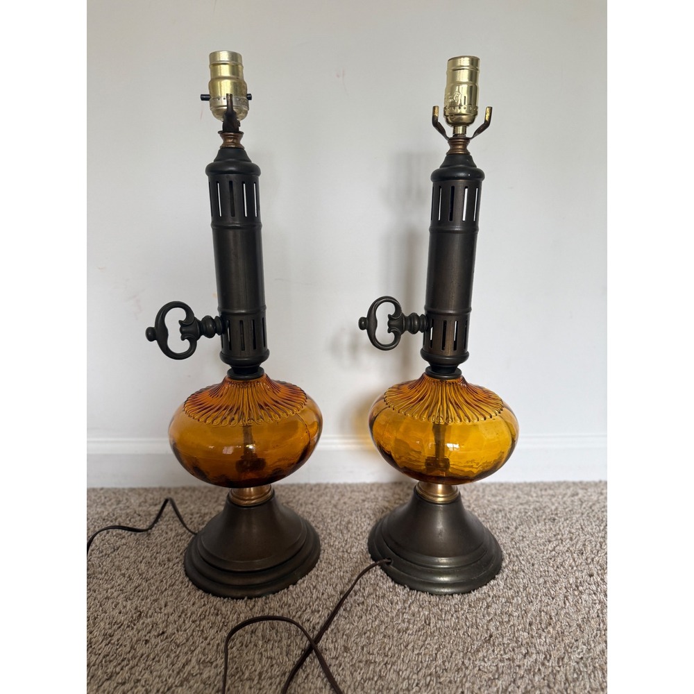 Vintage Amber Glass Table Lamps Pair Mid Century Bronze Finish Key Detail